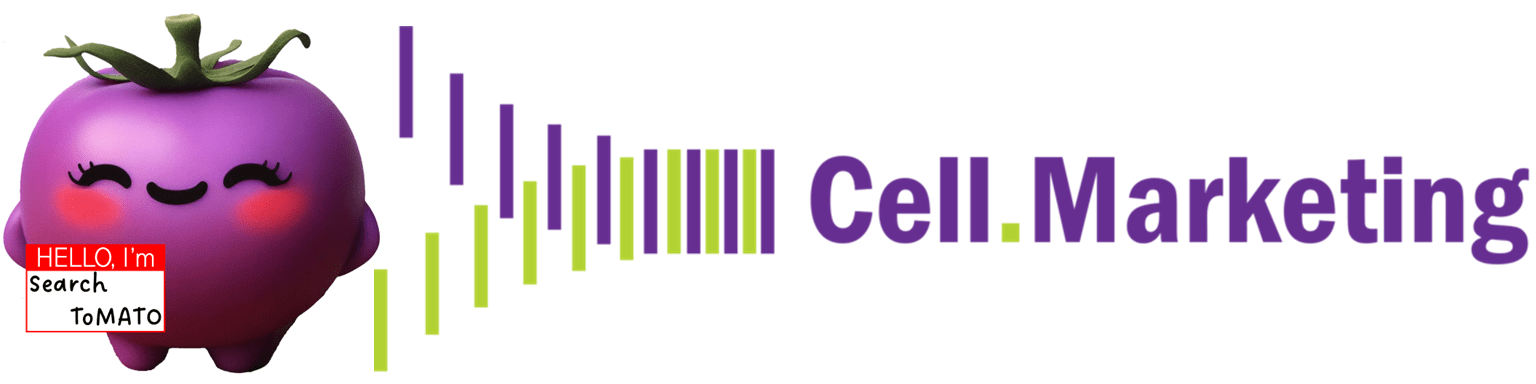 purple tomato with a nametage followed by cell.marketing logo for searchtomato.com